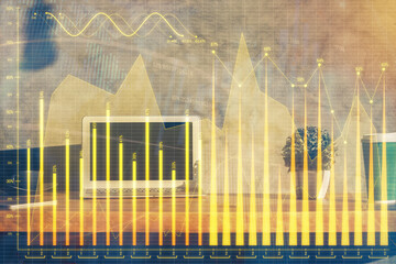 Multi exposure of chart and financial info and work space with computer background. Concept of international online trading.