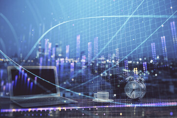 Forex market chart hologram and personal computer background. Double exposure. Concept of investment.