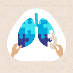 Human lungs puzzle pieces concept, assembled with hands, vector illustration