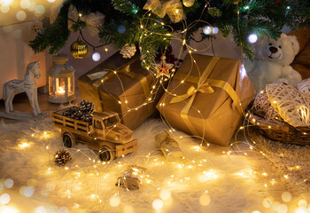 Beautiful Christmas lights, gifts under the tree