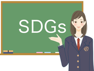 SDGs（持続可能な開発目標）を説明する学生　黒板