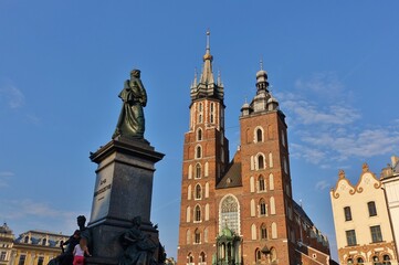 KRAKOW, POLAND -View of the Saint Mary's Basilica, a brick Gothic church on the Main Market Square in Kraków, Poland.