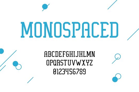 Alphabet. Modern typeface design. Minimalist monospace font with uppercase text symbols or numbers. Latin signs or English letters for posters headers. Typographic print template, vector lettering set