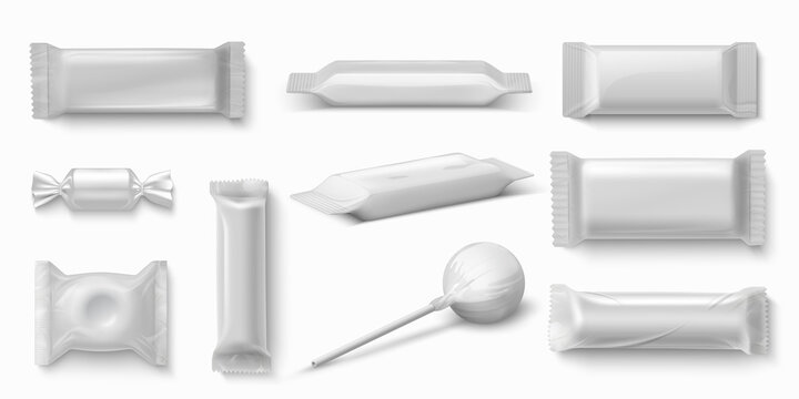 Sweets package. Realistic chocolate bar and caramel candies. Isolated collection of blank white packaging design. Plastic wrapping mockup with place for logo or text. Brand identity, vector snack set