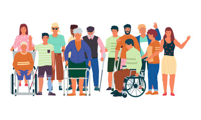 Diverse disabled people. Cartoon handicapped men and women with physical injuries, limited mobility. Treatment and rehabilitation, social support human disabilities. Vector health care illustration