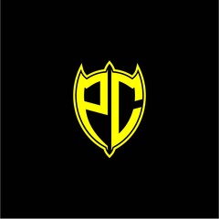 the initial letter of the shield logo P C is yellow.