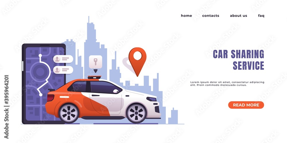 Poster Car sharing landing page. Web interface design with text and buttons. City transportation, auto rent or taxi order. Mobile application and online detect location by digital map. Vector device screen