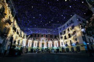 artist lights in an empty city. Christmas in a deserted city. Salerno Italy