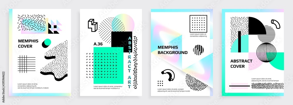 Poster memphis posters. abstract banners with geometric symbols, halftone dots and square and round figures