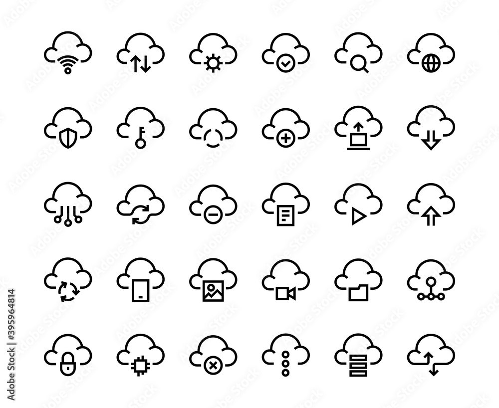 Poster Internet line icons. Black contour symbols. Isolated collection outline cloud signs. Connection status, data exchange and download. Database security and server access. Vector computer flat marks set