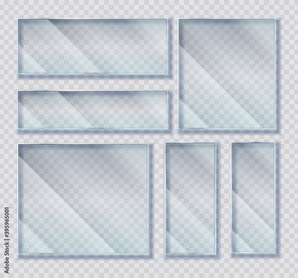 Poster glass plates set. acrylic frames banners on transparent background collection, realistic empty squar
