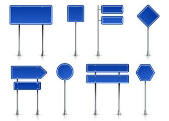 Road icons. Realistic blue street signposts with white frame on metal stand. Isolated traffic signage and outdoor pointers. Blank banners for regulation transport moving. Vector highway symbols set © SpicyTruffel