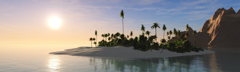 Island with palm trees at sunset, tropical seascape, palms over water, silhouettes of palm trees, 3D rendering