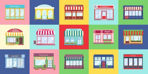 Shop buildings. Cartoon store facades. Flat square colorful cards with pharmacy and boutique, cafe and bookstore or grocery. Front view of houses with door, window and signboard. Vector cityscape set