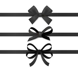 Black ribbon bows. Silk ribbons with decorative bow gift decoration collection. Realistic elegant festive tape for black friday and gothic presents wrapping vector isolated on white background set