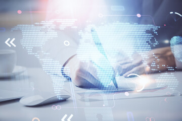 Man with double exposure international connection concept icons.