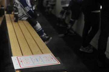 Bench during ice hockey training and match with ice rink and ice skating scheme