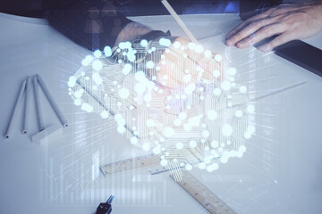 Brain multi exposure icon with man hands background.