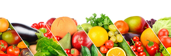 fruits and vegetables isolated on a white background. Collage. Wide photo.
