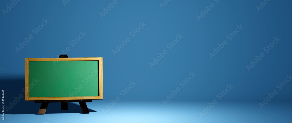 Poster 3d rendering of a blank blackboard to put text on blue background. realistic 3d shapes. education co