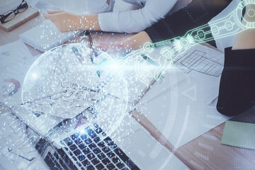 Double exposure of woman's writing hand on background with data technology hud. Big data concept.