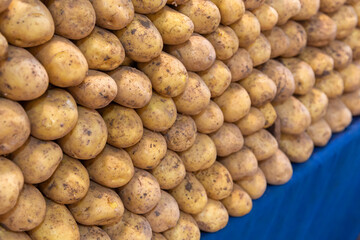 Close-up, potatoes standing in a row on the counter in the marketplace