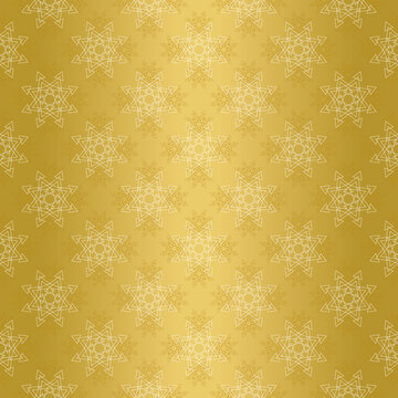Abstract festive pattern with white and gold Christmas star texture on a gold background. Seamless vector ornament for gift wrapping paper, cards, web, textiles and holiday decorations.