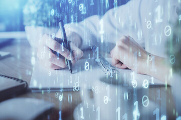 Double exposure of woman's hands on background with technology and digital coding icons. Data development concept. Close up.
