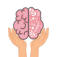 mental health hands lifting brain organ with flowers and leafs vector illustration design