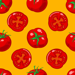 Seamless pattern with red ripe tomatoes and tomato slices on a bright yellow background. Hand drawn Vector illustration in doodle style.