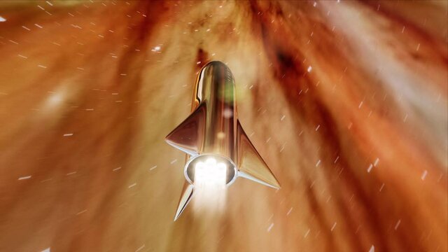 Starship spinning through universe space and time. Spacecraft engine exaust in cosmos. Galaxies intergalactic spacetime. 3D Animation render.