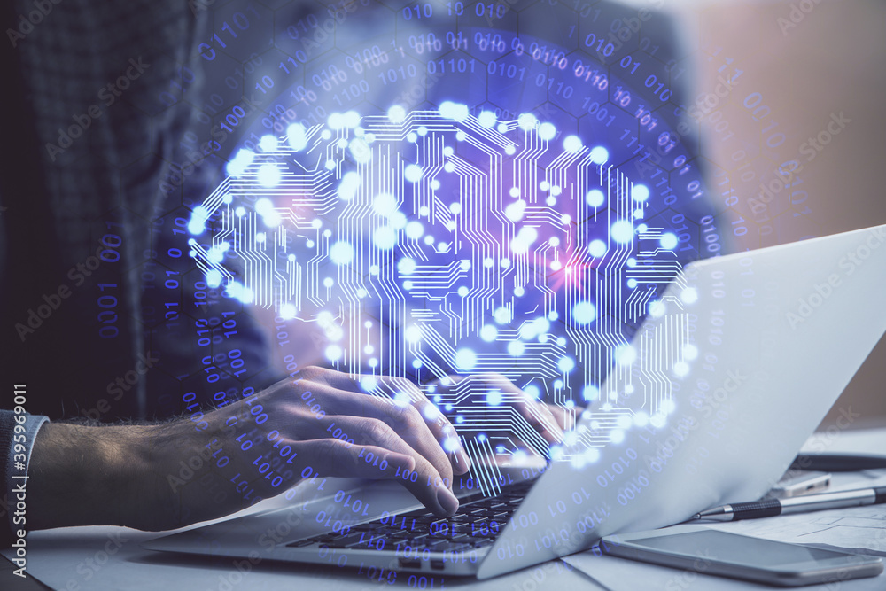 Aufkleber Man typing on keyboard background with brain hologram. Concept of big Data.