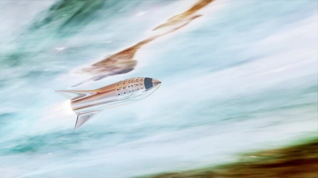 Rocket Starship through space and time. Spaceships engine thrust in cosmos. Universe intergalactic spacetime. 3D Animation render.