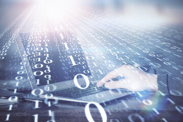 A man working on Laptop with technology theme drawing. Concept of big data. Double exposure.