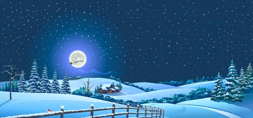 Poster Besneeuwd landschap van een bos en een geïsoleerde stad met een silhouet van de kerstman en zijn rendieren. © ActiveLines