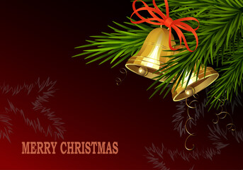 Christmas composition in a dark red shade, two bells of gold color on a green spruce branch