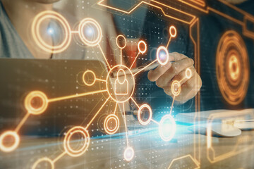 Media network theme hologram with man working on computer on background. Concept of internet communication. Double exposure.
