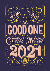 Christmas and New Year postcard in lettering style - 2021