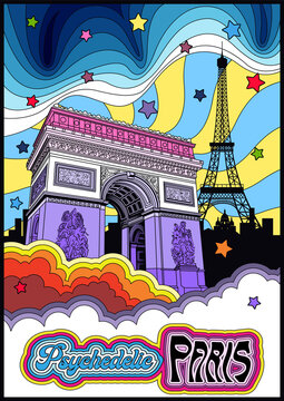 Paris Showplaces, Eiffel Tower, Triumphal Arch, Cityscape Silhouette, Psychedelic Art Poster 