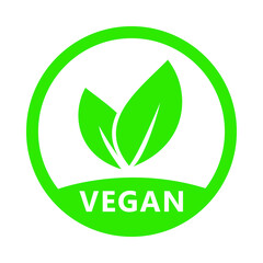 Vegan icon. Organic, bio, eco symbol. No meat, lactose free, healthy, fresh and nonviolent food. Round green logo with leaves for stickers, labels.