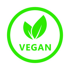 Vegan icon. Organic, bio, eco symbol. No meat, lactose free, healthy, fresh and nonviolent food. Round green logo with leaves for stickers, labels.