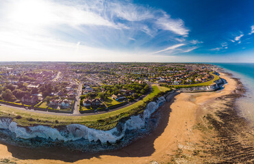 Drone aerial view of the beach and white cliffs, Margate, England, UK