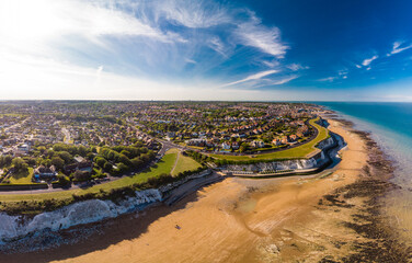 Drone aerial view of the beach and white cliffs, Margate, England, UK