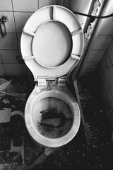 old clogged toilet in black and white