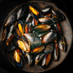 Close up of delicious steamed mussels in a wooden bowl. 