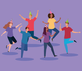people dancing in circle with party hat design, celebration event happy birthday holiday surprise anniversary and decorative theme Vector illustration