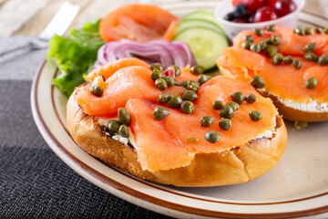 A view of a plate of bagel lox.