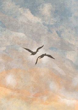 Boho Sky with Two Birds Print. Abstract Background. Bohemian printable wall art, boho poster, pastel abstract art, landscape drawing, sea painting. Hand Drawn Effect