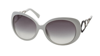 Elegant womens sunglasses with white plastic frames and gradient lenses. View half a turn.