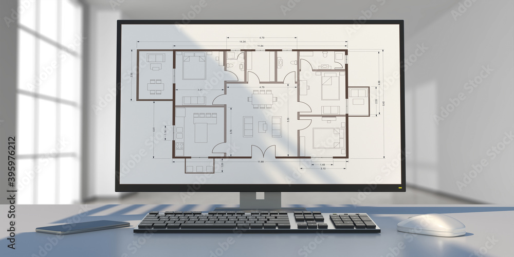 Poster architect engineer office. building project blueprint plan on a computer screen. 3d illustration